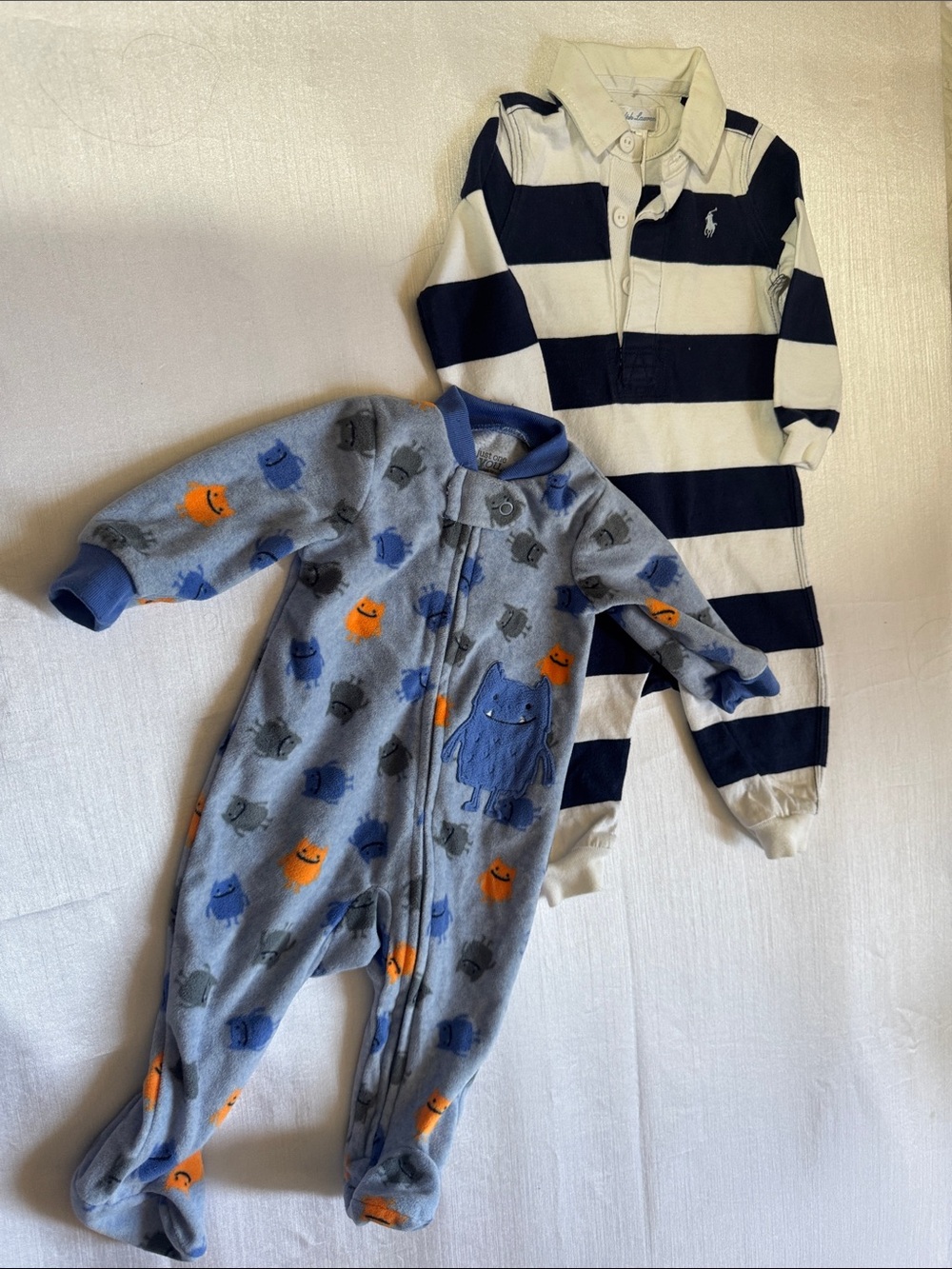 Ralph Lauren Navy & White Striped Polo One-Piece with Blue Monster Footie Set
